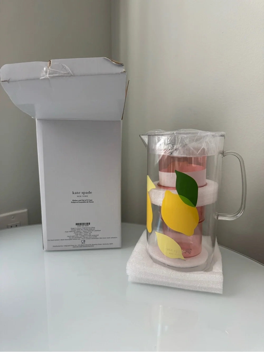 Kate Spade Yellow & Pink Lemon Pitcher + Cup Drinkware Set